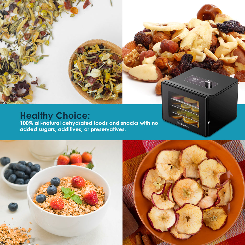 Healthy Choice: 100% all natural dehydrated foods and snacks with no added sugars, additives or preservatives.  Images of dried herbs, nuts and fruit.