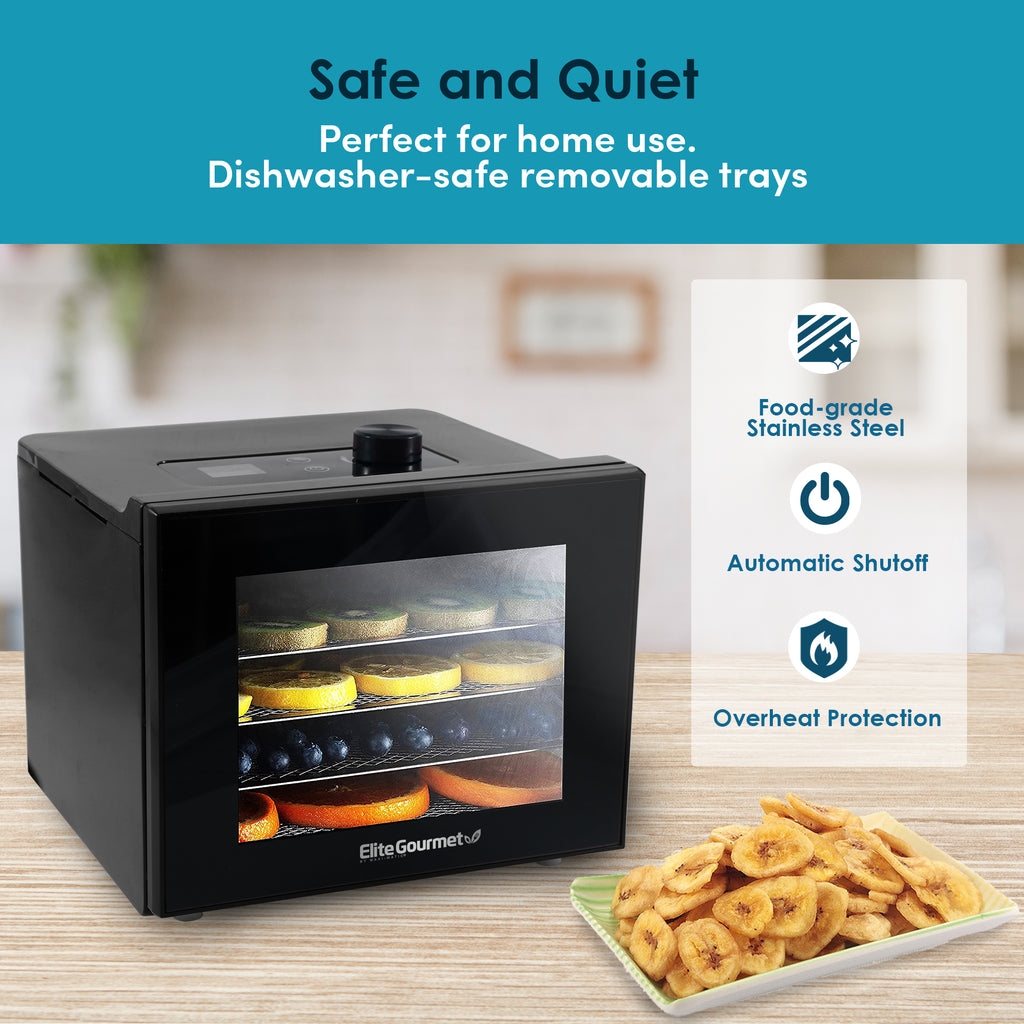 Safe and Quiet.  Perfect for home use.  Dishwasher-safe removable trays.  Food-grade stainless steel  Automatic Shutoff.  Overheat Protection.