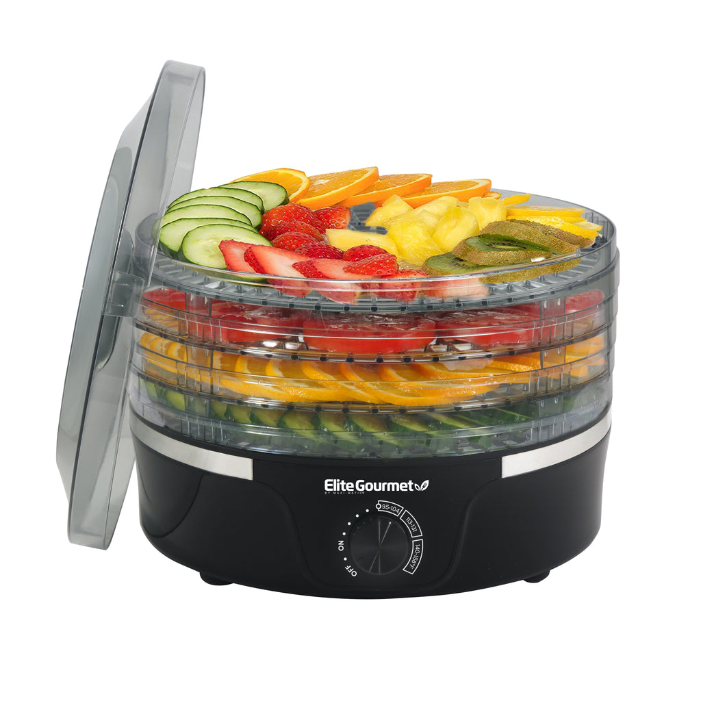 Image showing 5 Tier Food Dehydrator with Adjustable Temperature Controls with sliced fresh fruits.