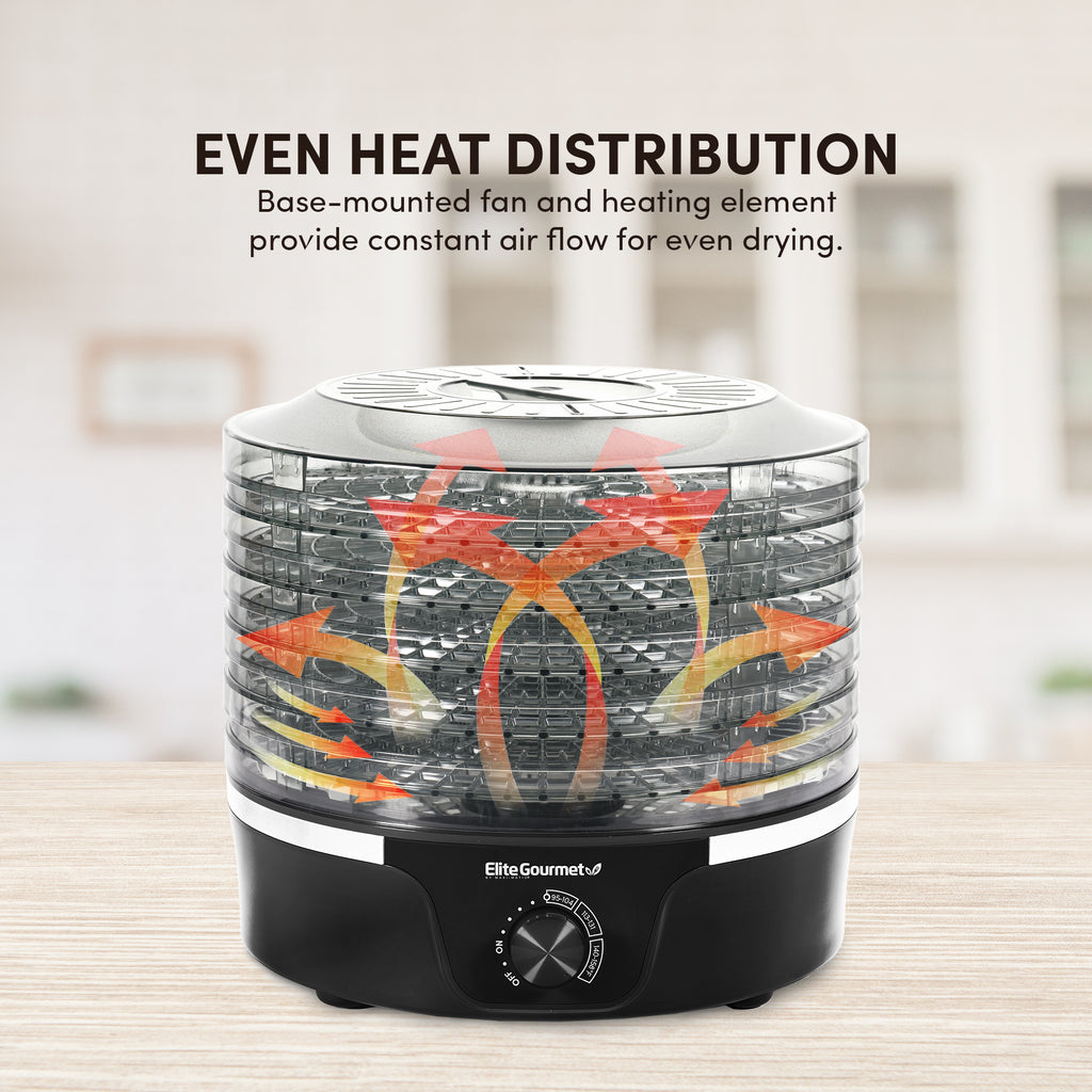 EVEN HEAT DISTRIBUTION Base-mounted fan and heating element provide constant air flow for even drying. Image showing heat distribution of food dehydrator.