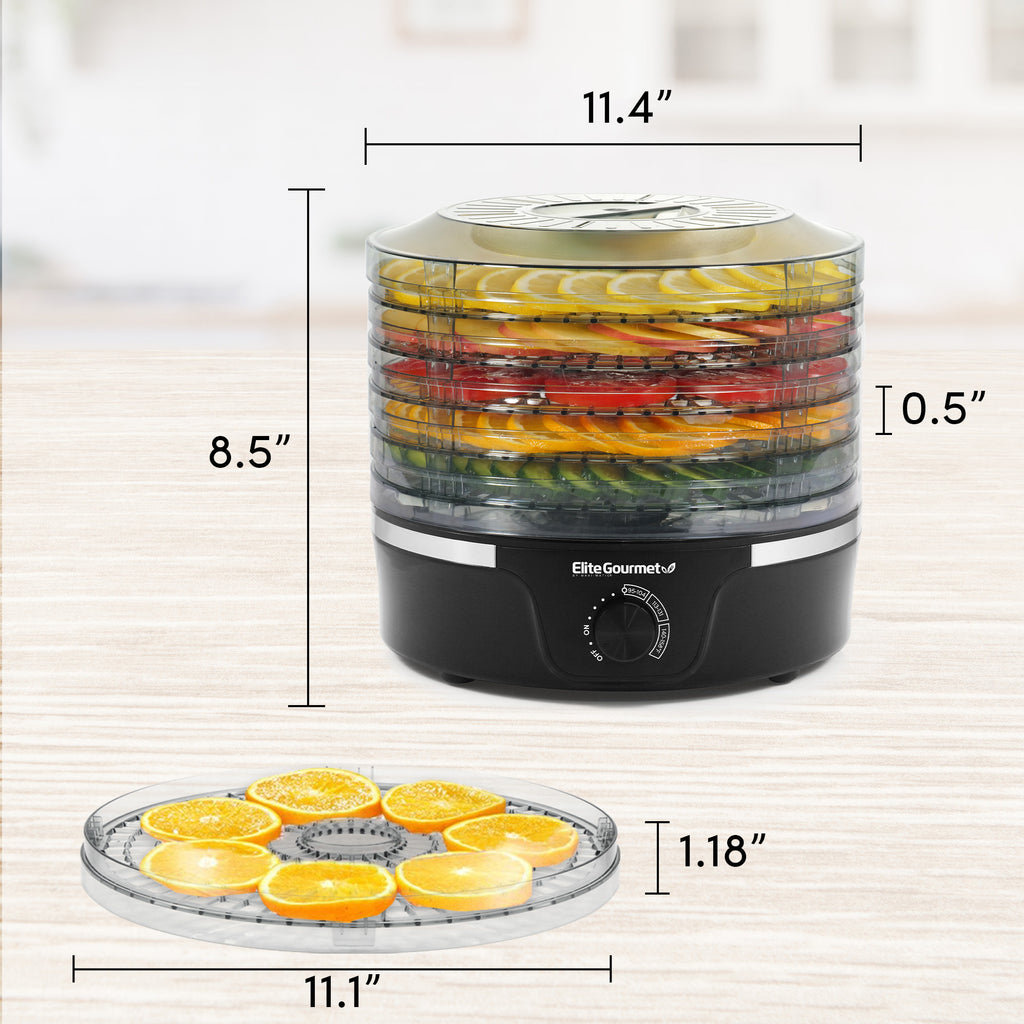 Dehydrator size : 11.4" width, 8.5" height, 0.5"(height of single tier while stacking).  Size of single tray: 11.1"width x 1.18" height