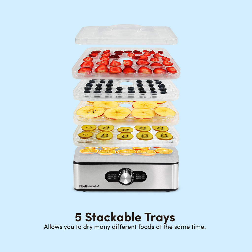 5 Stackable Trays Allows you to dry many different foods at the same time. Image showing dehydrator with various sliced fruits.