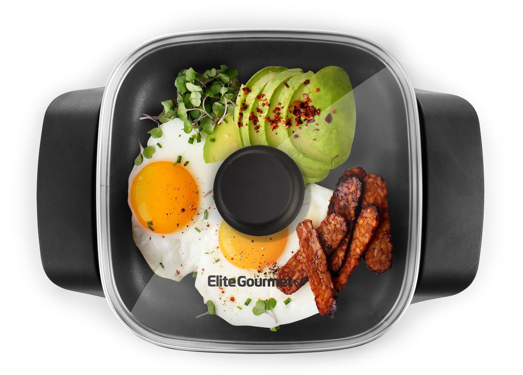 8" Nonstick Electric Skillet with Eggs, sausage and avocado inside pan.