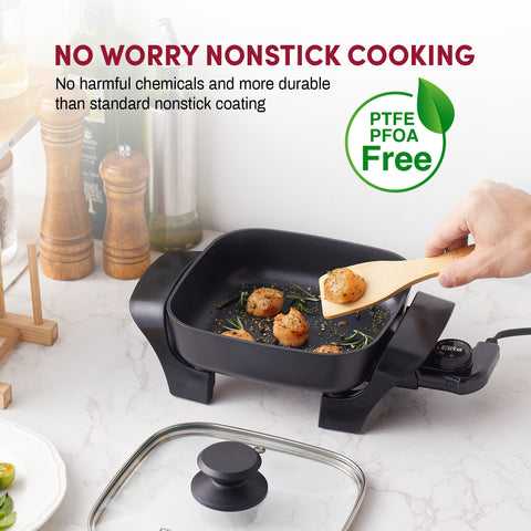 No Worry Nonstick Cooking.  No harmful chemicals and more durable than standard nonstick coating.  PTFE PFOA FREE