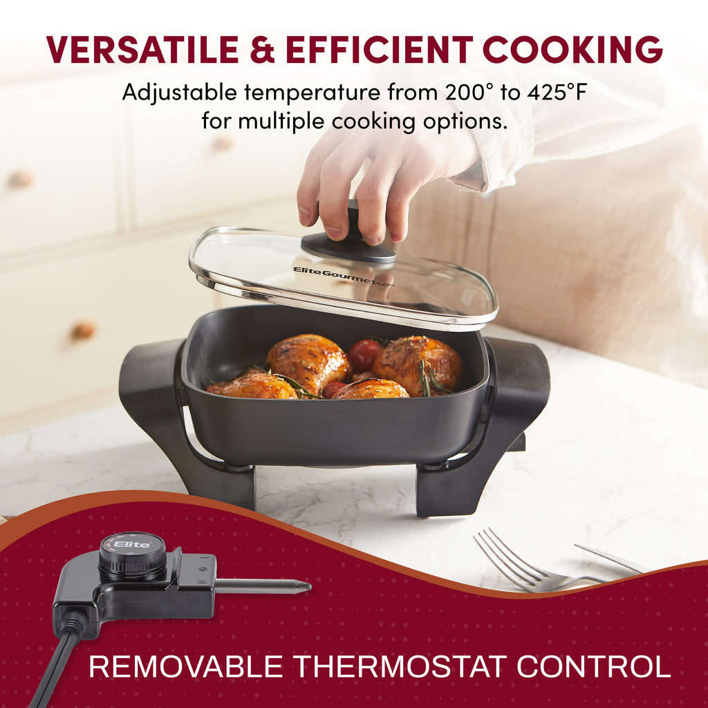 Versatile & Efficient Cooking.  Adjustable temperature from 200F to 425F for multiple cooking options.  Removable Thermostat Control.