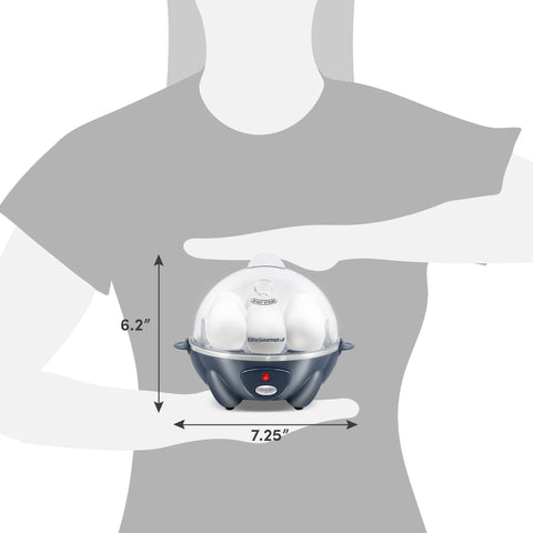 Dimensions of egg cooker. 6.2" Height, 7.25" Diameter.