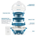 Parts & accessories displayed. Poaching Tray, Measuring cup with built-in piercing pin releases the sulfur with the egg leaving you with bright yellow yolks, also reduces leaking, cracking or popping. Cover with steamer hole. Omelet Tray. Egg rack 7 egg capacity. Base.