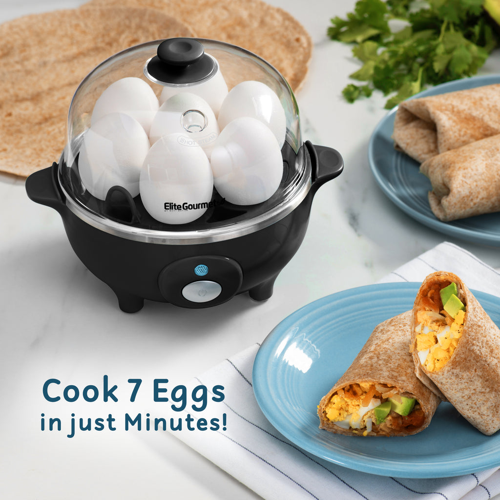 Cook 7 eggs in just minutes. Egg cooker next to plates of breakfast egg burritos.