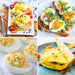Photos of a variety of different egg dishes such as eggs benedict, sliced eggs on avocado toast, deviled eggs, and omelets.