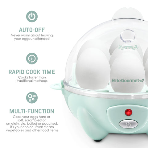 Auto-Off. Never worry about leaving your eggs unattended. Rapid Cooke Time. Cooks faster than traditional methods. Multi-Function, cooks your eggs hard or soft, scrambled or omelet-style. Boiled of poached, it's your choice! Even steam vegetables and other foods.