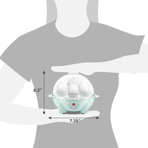 Dimensions of egg cooker. 6.2" Height, 7.25" Diameter.