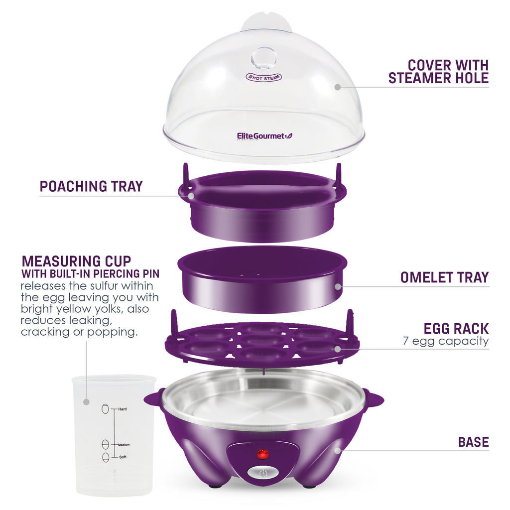 7-Egg Electric Easy Egg Cooker, Steamer, Poacher (Purple) – Shop Elite  Gourmet - Small Kitchen Appliances