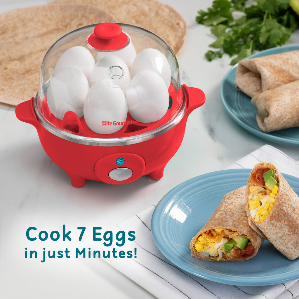 Cook 7 eggs in just minutes. Egg cooker next to plates of breakfast egg burritos.