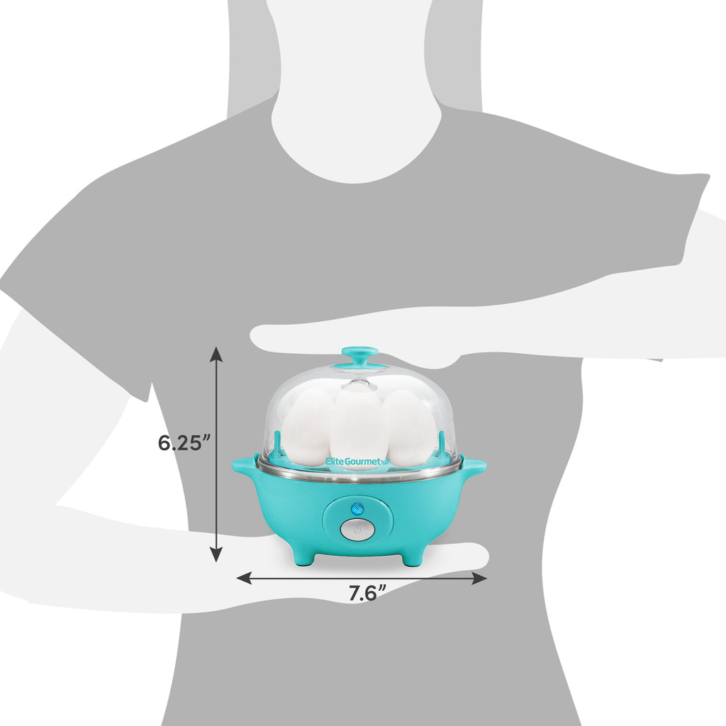 Dimensions of egg cooker. 6.25" Height, 7.6" Diameter.