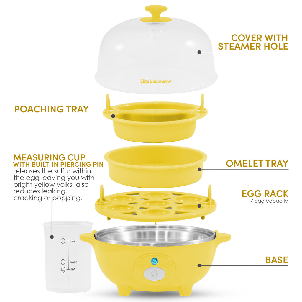 Parts & accessories displayed. Poaching Tray, Measuring cup with built-in piercing pin releases the sulfur with the egg leaving you with bright yellow yolks, also reduces leaking, cracking or popping. Cover with steamer hole. Omelet Tray. Egg rack 7 egg capacity. Base.