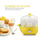 Compact N' Stylish with a beautiful round shape that fits any counter top. Egg cooker next to cooked eggs, fruit and toast.