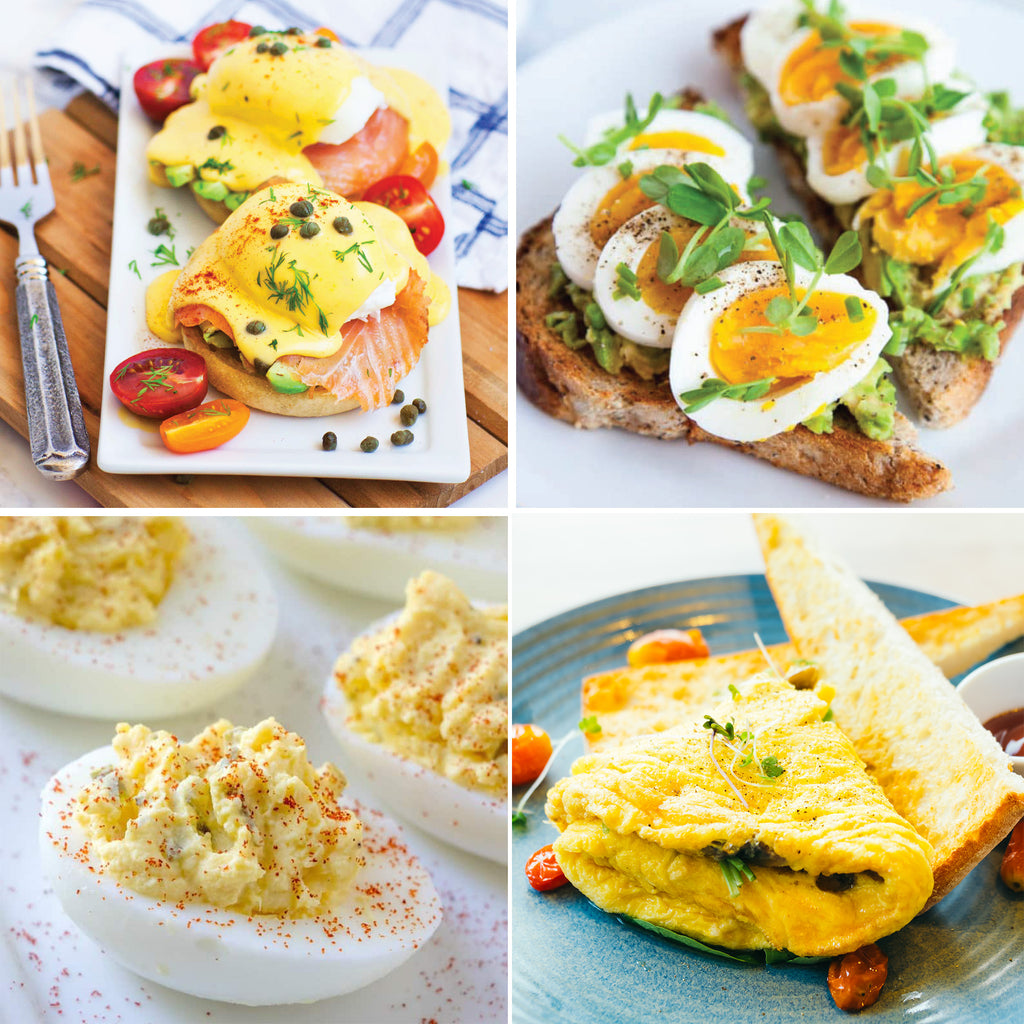 Photos of a variety of different egg dishes such as eggs benedict, sliced eggs on avocado toast, deviled eggs, and omelets.