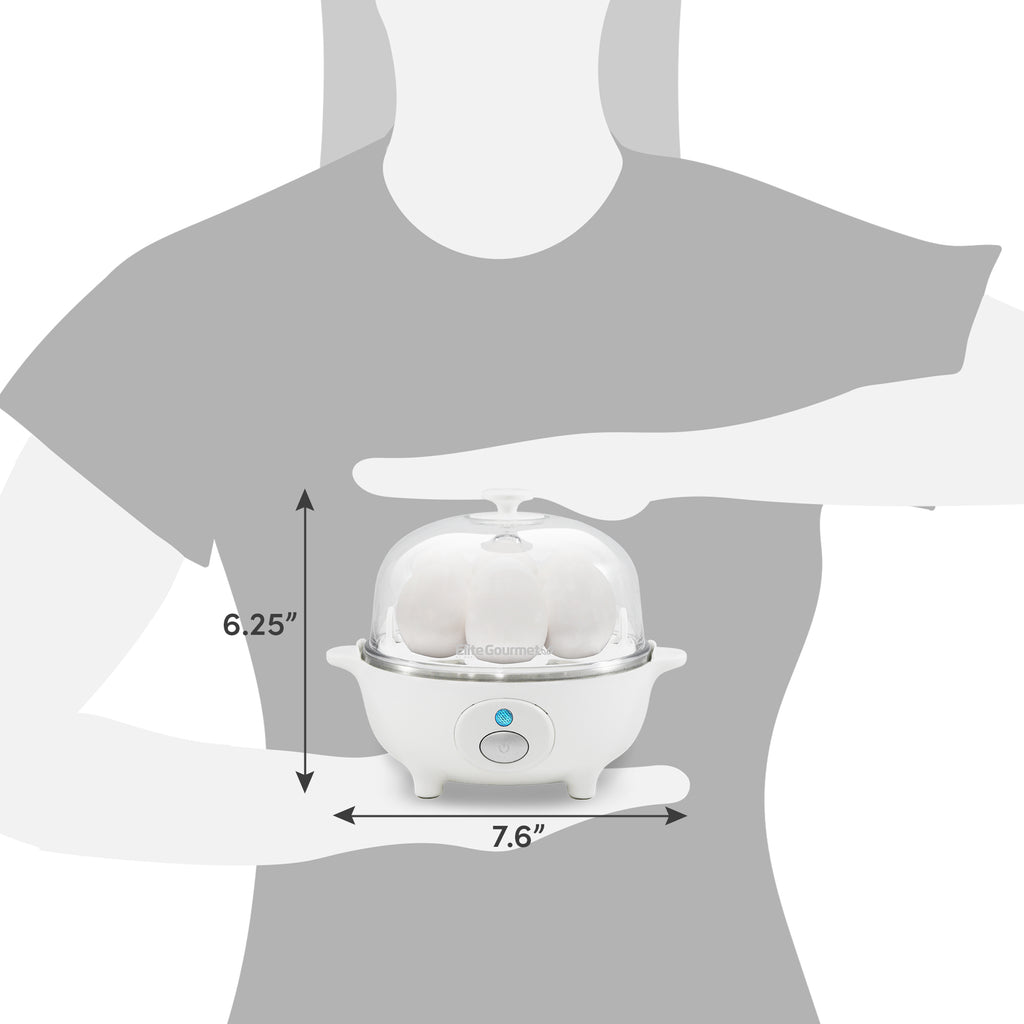 Dimensions of egg cooker.  6.25" Height, 7.6" Diameter.