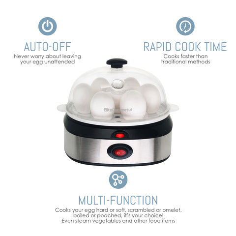 Auto-Off. Never worry about leaving your eggs unattended. Rapid Cooke Time. Cooks faster than traditional methods. Multi-Function, cooks your eggs hard or soft, scrambled or omelet-style. Boiled of poached, it's your choice! Even steam vegetables and other foods.