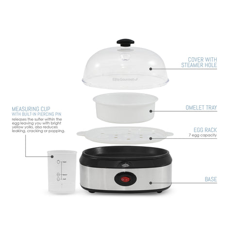 Parts & accessories displayed. Measuring cup with built-in piercing pin releases the sulfur with the egg leaving you with bright yellow yolks, also reduces leaking, cracking or popping. Cover with steamer hole. Omelet Tray. Egg rack 7 egg capacity. Base.