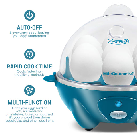 Auto-Off. Never worry about leaving your eggs unattended. Rapid Cooke Time. Cooks faster than traditional methods. Multi-Function, cooks your eggs hard or soft, scrambled or omelet-style. Boiled of poached, it's your choice! Even steam vegetables and other foods.
