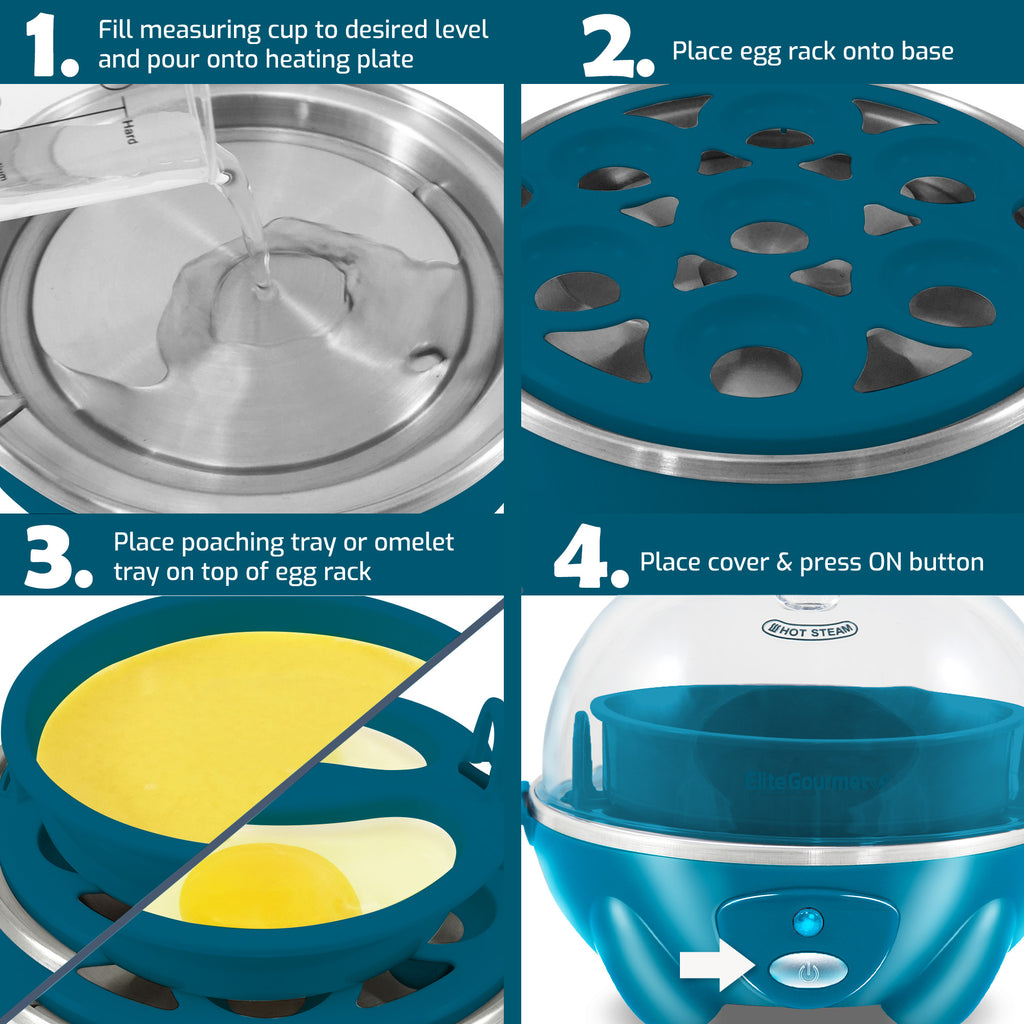 1. Fill measuring cup to desired level and pour onto heating plate. 2. Place egg rack onto base. 3. Place poaching tray or omelet tray on top of egg rack. 4. Place cover & press ON button.