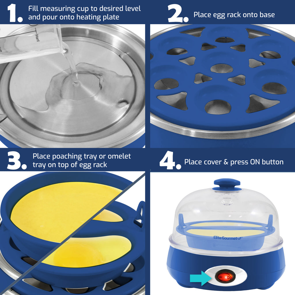 1. Fill measuring cup to desired level and pour onto heating plate. 2. Place egg rack onto base. 3. Place poaching tray or omelet tray on top of egg rack. 4. Place cover & press ON button.