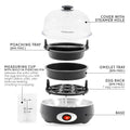 Parts & accessories displayed. Poaching Tray, Measuring cup with built-in piercing pin releases the sulfur with the egg leaving you with bright yellow yolks, also reduces leaking, cracking or popping. Cover with steamer hole. Omelet Tray. Egg rack 7 egg capacity. Base.