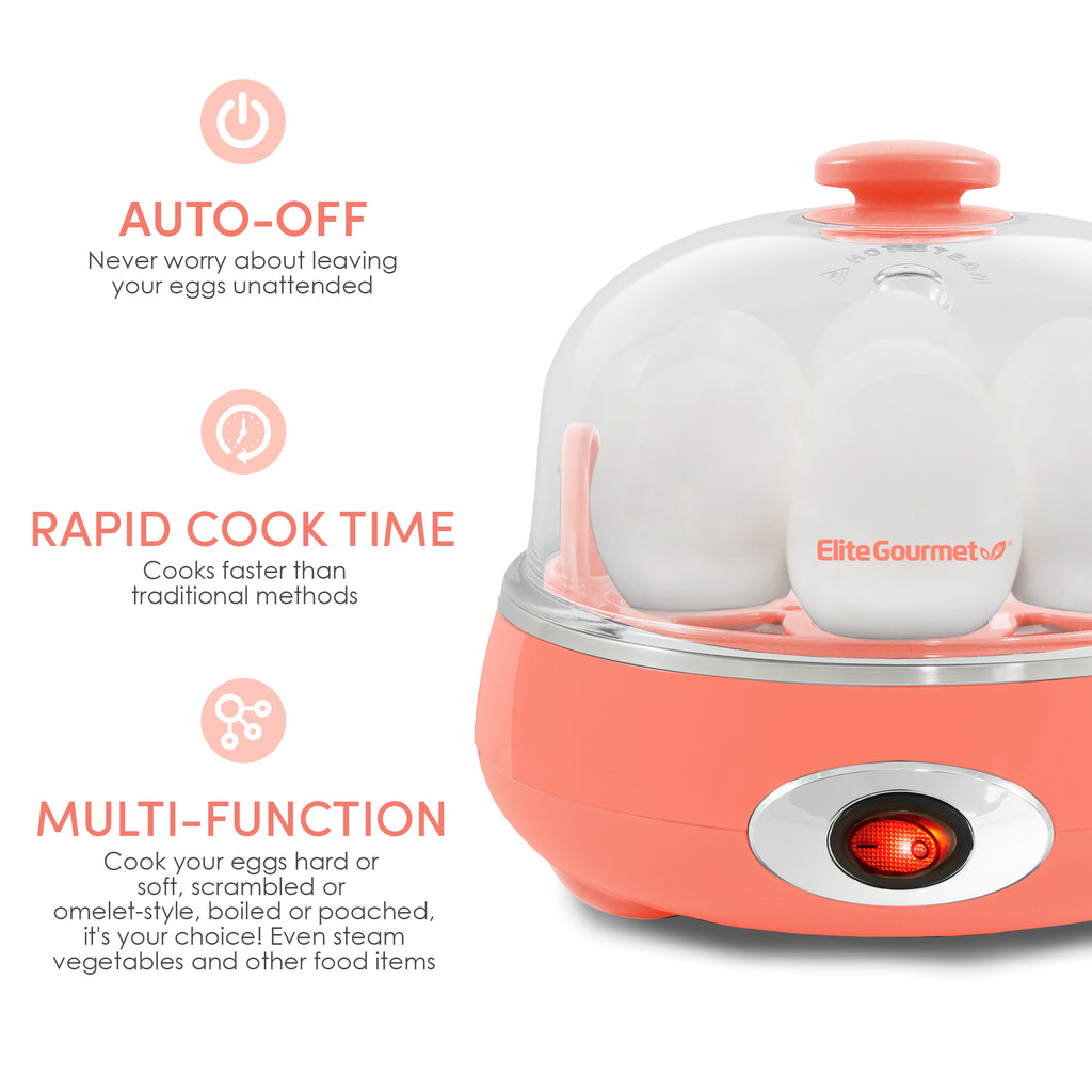 Auto-Off. Never worry about leaving your eggs unattended. Rapid Cooke Time. Cooks faster than traditional methods. Multi-Function, cooks your eggs hard or soft, scrambled or omelet-style. Boiled of poached, it's your choice! Even steam vegetables and other foods.