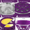 1. Fill measuring cup to desired level and pour onto heating plate. 2. Place egg rack onto base. 3. Place poaching tray or omelet tray on top of egg rack. 4. Place cover & press ON button.