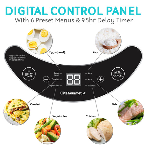 DIGITAL CONTROL PANEL With 6 Preset Menus & 9.5hr Delay Timer. Eggs (hard). Rice.  Omelet. Vegetables. Chicken. 
