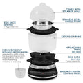 Egg Cooker Parts : COVER WITH STEAMER HOLE, STAINLESS STEEL OMELET TRAY, EXTENSION RING, 4 POACHING TRAYS (BPA FREE), EGG RACK (BPA FREE 7 egg capacity, BASE WITH DIGITAL CONTROL PANEL, EGG RACK (BPA FREE) 7 egg capacity, MEASURING CUP WITH BUILT-IN PIERCING PIN releases the sulfur within the egg leaving you with bright yellow yolks, also reduces leaking, cracking or popping.