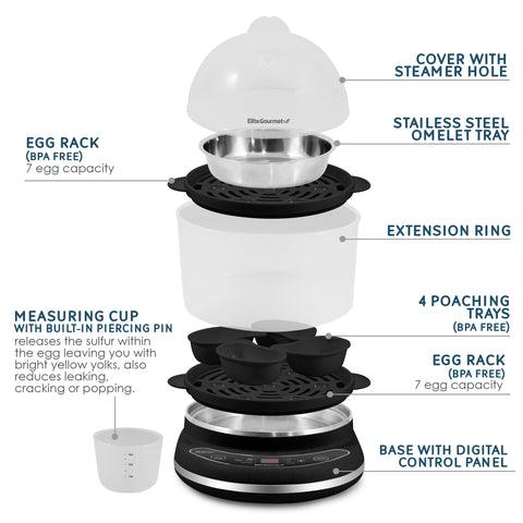 Egg Cooker Parts : COVER WITH STEAMER HOLE, STAINLESS STEEL OMELET TRAY, EXTENSION RING, 4 POACHING TRAYS (BPA FREE), EGG RACK (BPA FREE 7 egg capacity, BASE WITH DIGITAL CONTROL PANEL, EGG RACK (BPA FREE) 7 egg capacity, MEASURING CUP WITH BUILT-IN PIERCING PIN releases the sulfur within the egg leaving you with bright yellow yolks, also reduces leaking, cracking or popping.