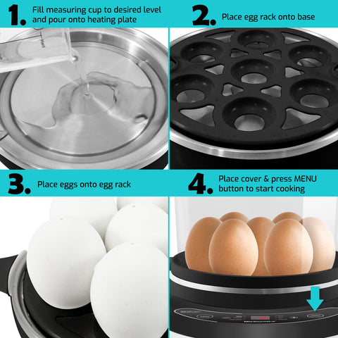 Images shown using egg cooker. 1. Fill measuring cup to desired level and pour onto heating plate. 2. Place egg rack onto base. 3. Place eggs onto egg rack. 4. Place cover & press MENU button to start cooking.