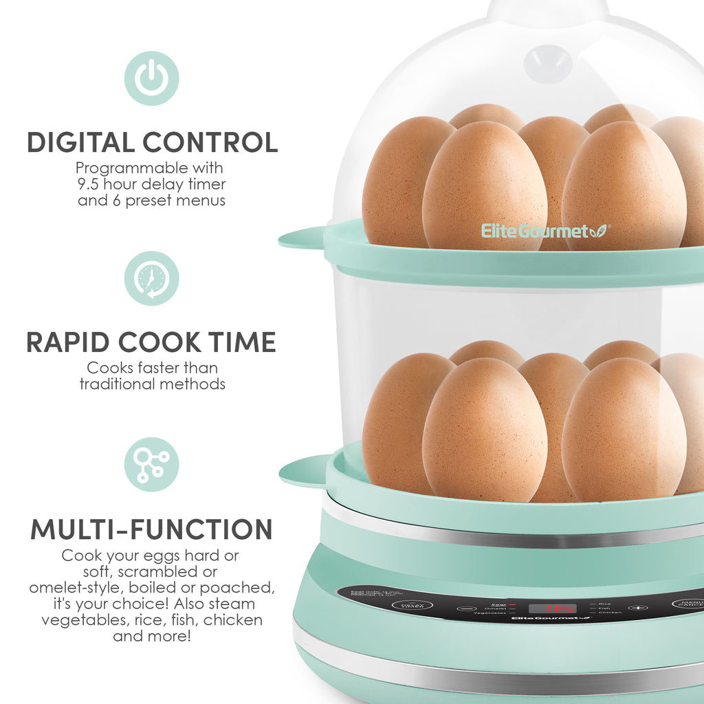 DIGITAL CONTROL Programmable with 9.5 hour delay timer and 6 preset menus. RAPID COOK TIME Cooks faster than traditional methods. MULTI-FUNCTION Cook your eggs hard or soft, scrambled or omelet-style, boiled or poached, it's your choice! Also steam vegetables, rice, fish, chicken and more! Elite Gourmet 14 Egg programmable easy egg cooker.