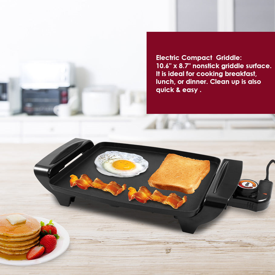 Electric Compact Griddle: 10.6" × 8.7" nonstick griddle surface. It is ideal for cooking breakfast, lunch, or dinner. Clean up is also quick & easy. Grill putting on the table in the kitchen,