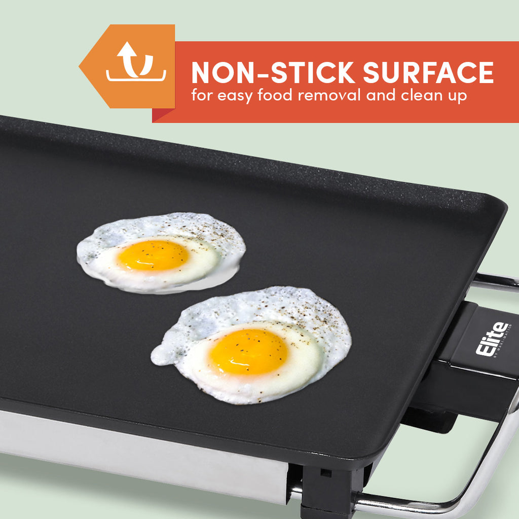 NON-STICK SURFACE for easy food removal and clean up. Eggs on the grill.
