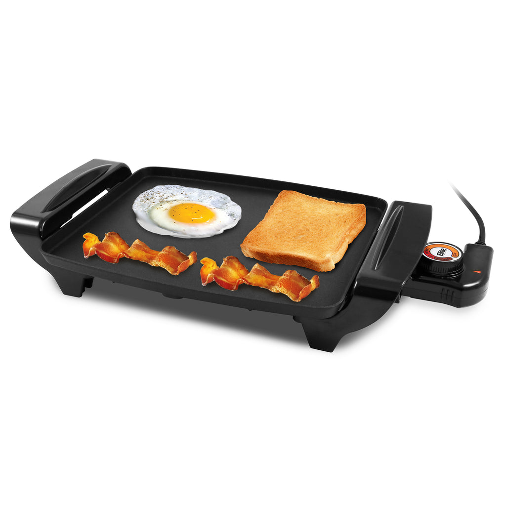 10.5" Non-Stick Electric Indoor Breakfast Griddle. Beacon, Slice of bread and egg on the griddle.
