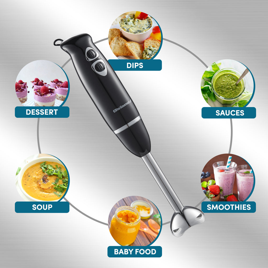 Various images of   Dips, Sauces, Smoothies, Baby Food, Soup, Dessert  surround the hand blender. 