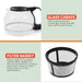 GLASS CARAFE With measurement markings, large handle, and spill-proof spout. FILTER BASKET Removable & reusable coffee filter. Better for the environment & creates less trash. Easy to clean in the sink or in the dishwasher.