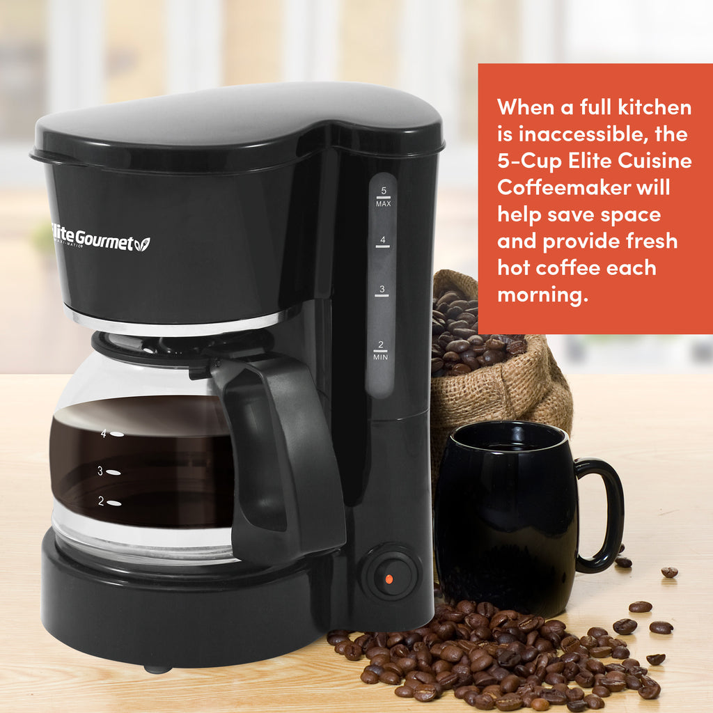 When a full kitchen is inaccessible, the 5-Cup Elite Cuisine Coffeemaker will help save space and provide fresh hot coffee each morning.