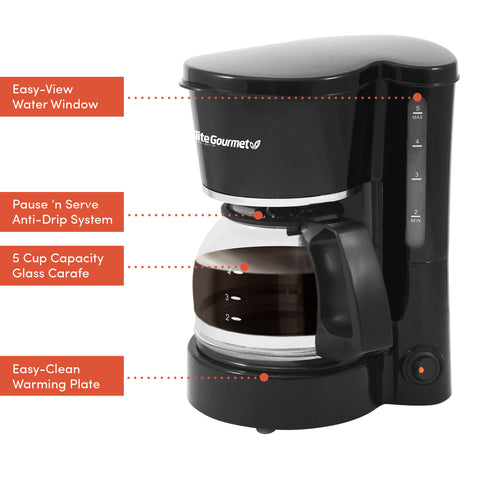 Image showed parts of 5-Cup Automatic Brew & Drip Coffee Maker. Easy-View Water Window, Pause 'n Serve Anti-Drip System, 5 Cup Capacity Glass Carafe, Easy-Clean Warming Plate.