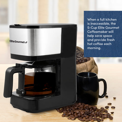 When a full kitchen is inaccessible, the 5-Cup Elite Gourmet Coffeemaker will help save space and provide fresh hot coffee each morning.