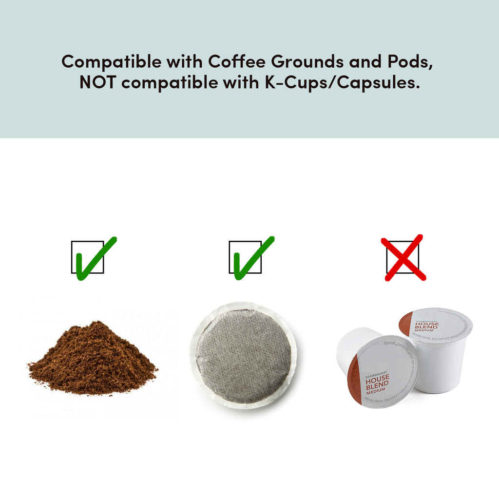 Compatible with Coffee Grounds and Pods, NOT compatible with K-Cups/Capsules. Ground Coffee (Yes), Coffee Pods (Yes),  K-Cups (No)