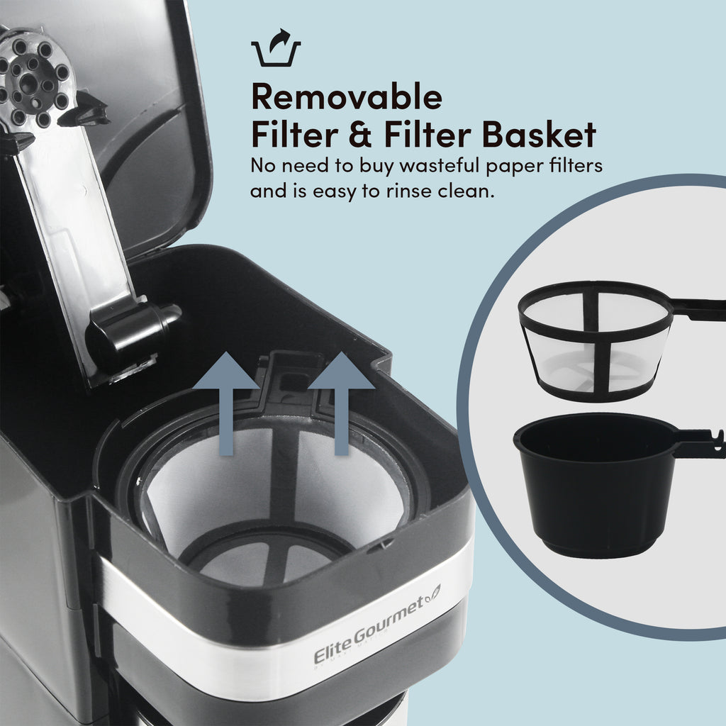 Removable Filter & Filter Basket. No need to buy wasteful paper filters and is easy to rinse clean. Coffee filter baskets.