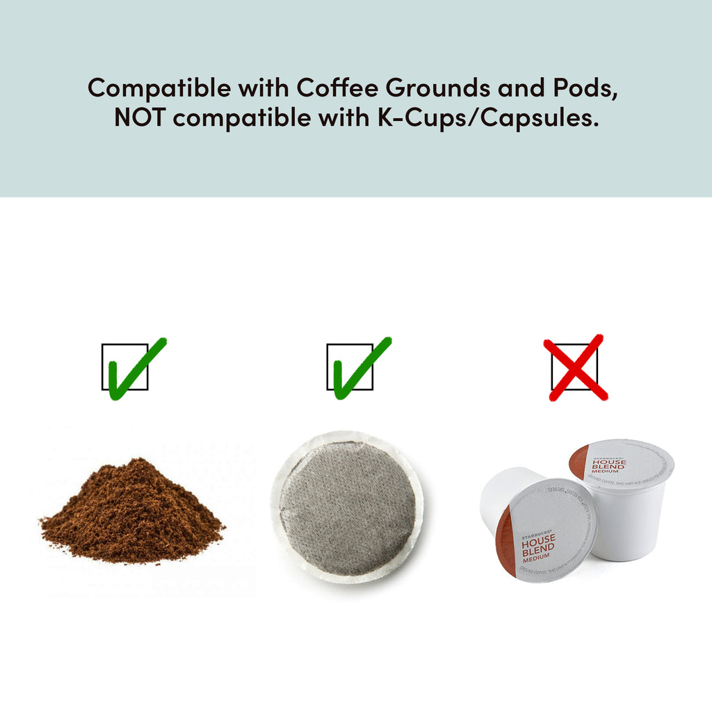 Compatible with coffee grounds and pods, not compatible with K-cups or capsules.
