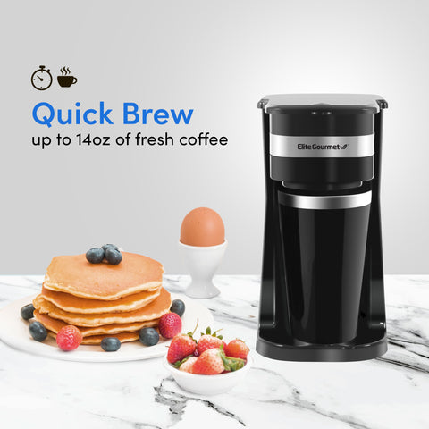 Quick Brew up to 14oz of fresh coffee. Coffee maker with pancake, strawberries and boiled egg.