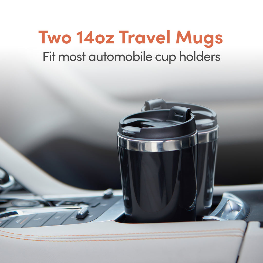 Two 14oz Travel Mugs fit most automobile cup holders.