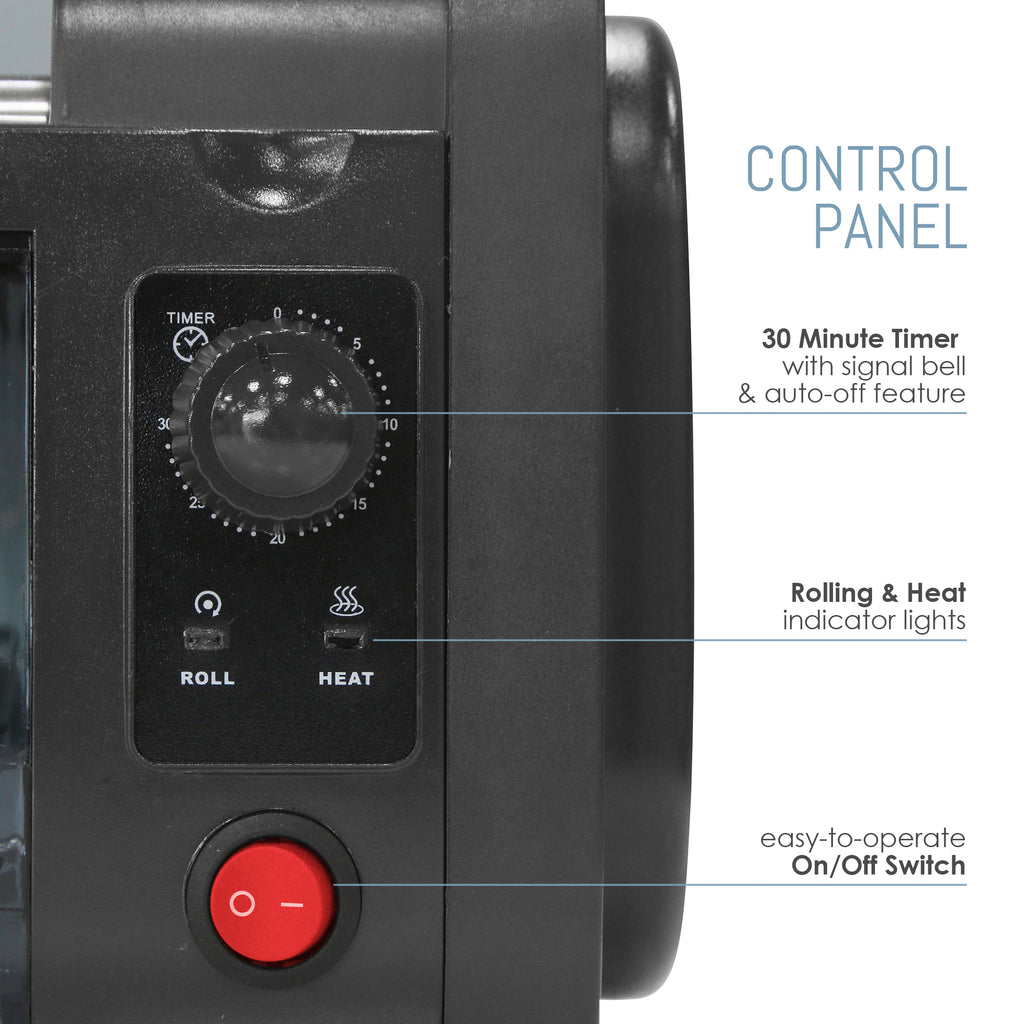 Control Panel.  30 Minute Timer with signal bell & auto-off feature.  Rolling & Heat indicator lights.  easy to operate on/off switch.