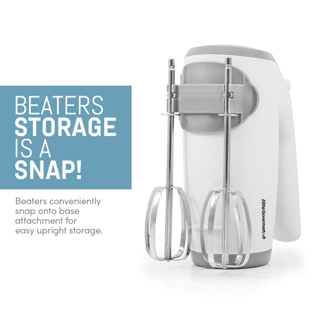BEATERS STORAGE IS A SNAP! Beaters conveniently shap onto base attachment for easy upright storage.